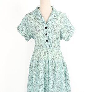 Vintage 80s Mint Blue & Grey Floral SALLY LOU Short Sleeve Dress - 12